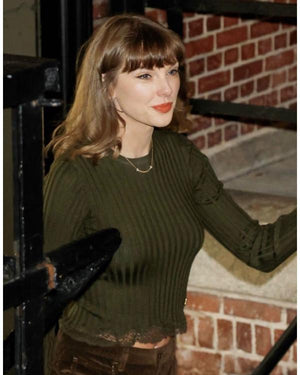 Taylor Swift Olive Green Lace Trim Ribbed Top