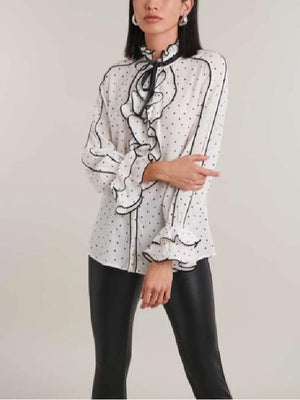 Carrie Preston Elsbeth S4 White Polka Dot Ruffle Shirt - view 3