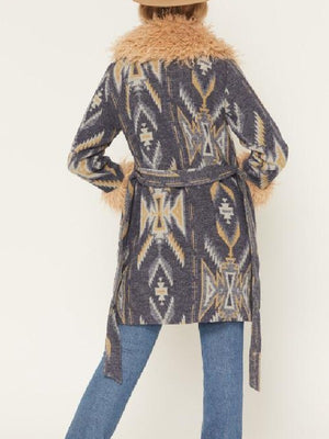 Kamaia Fairburn Heartland S20 Blue Aztec Print Fur Trim Coat