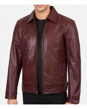 Men’s Burgundy Classic Collar Genuine Leather Jacket - view 2