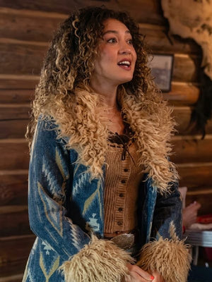 Kamaia Fairburn Heartland S20 Blue Aztec Print Fur Trim Coat