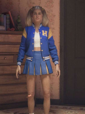 Lynda Van Der Klok Halloween the Game Blue Letterman Jacket - back view
