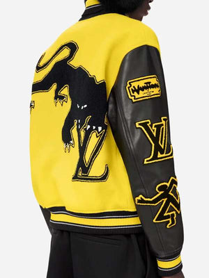 Men Black and Yellow Varsity Jacket - back view