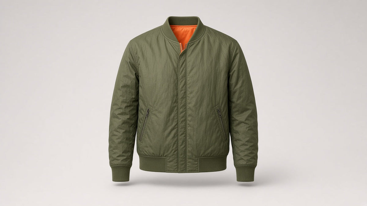 Olive green MA-1 bomber jacket with orange lining