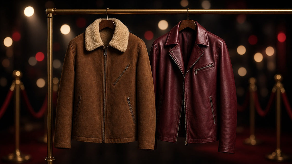 Celebrity inspired suede shearling and burgundy leather jackets