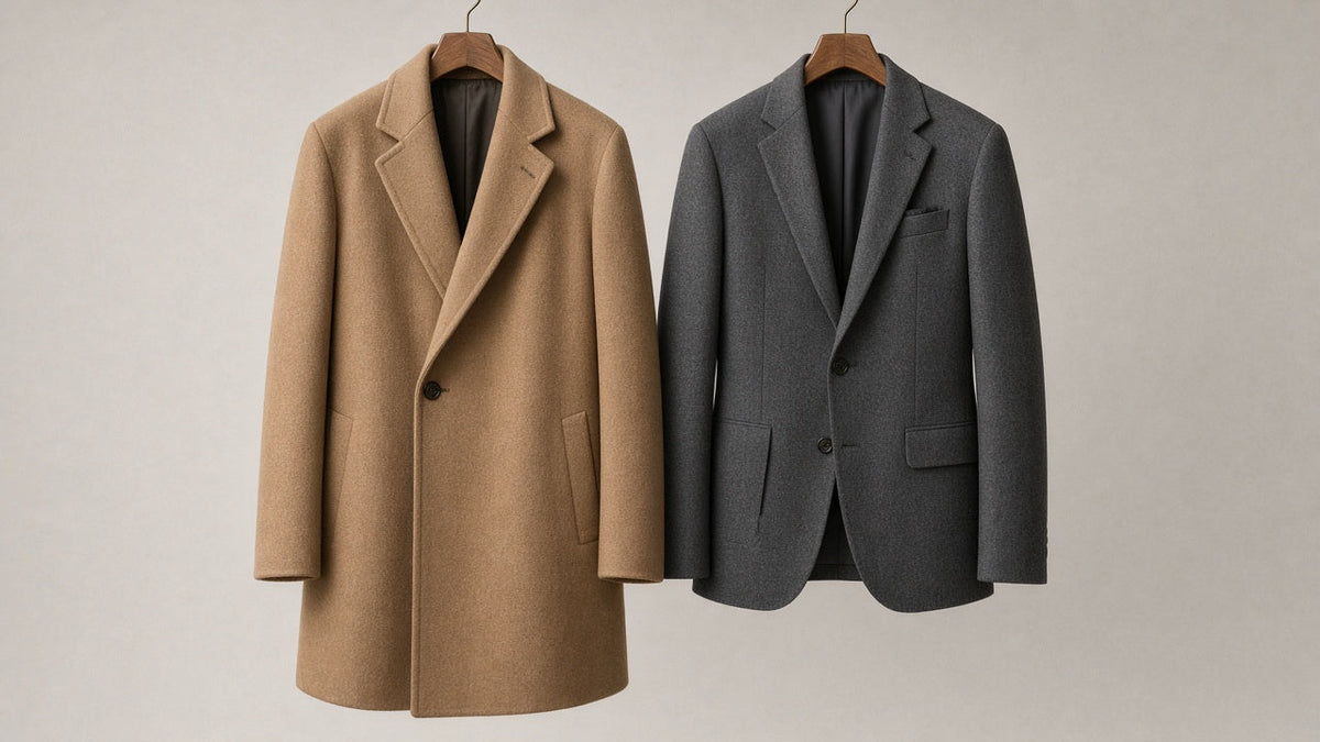 Camel wool overcoat and charcoal blazer on hangers