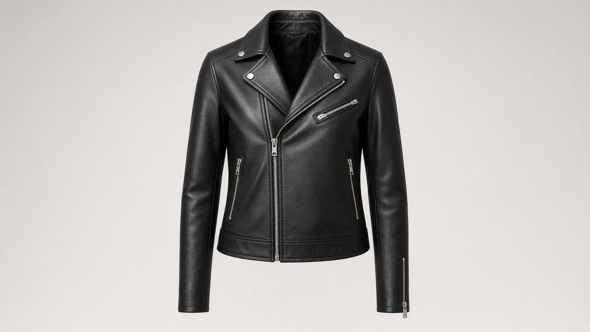 Black leather biker jacket with silver zippers
