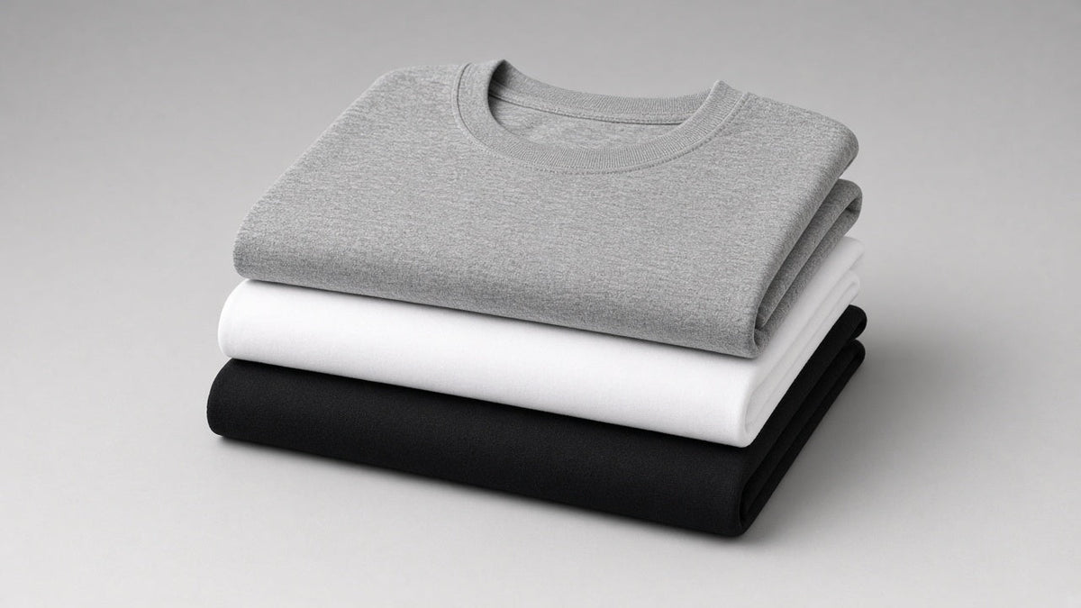 Folded black, white and grey heavyweight t-shirts