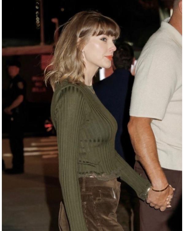 Taylor Swift Olive Green Lace Trim Ribbed Top