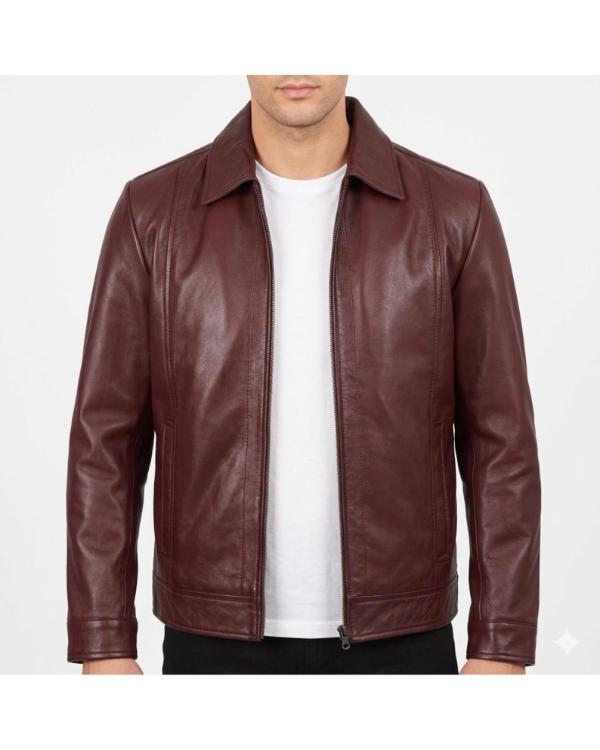 Men’s Burgundy Classic Collar Genuine Leather Jacket