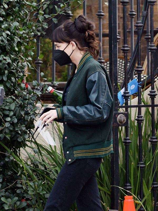 Am I Ok Lucy Green Varsity Jacket - close-up view