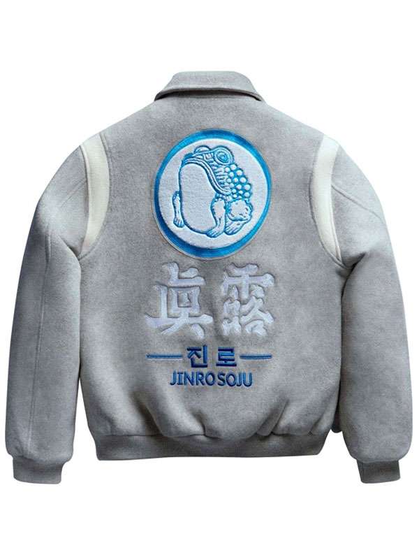 Kith X Jinro Soju Grey Varsity Jacket - back view