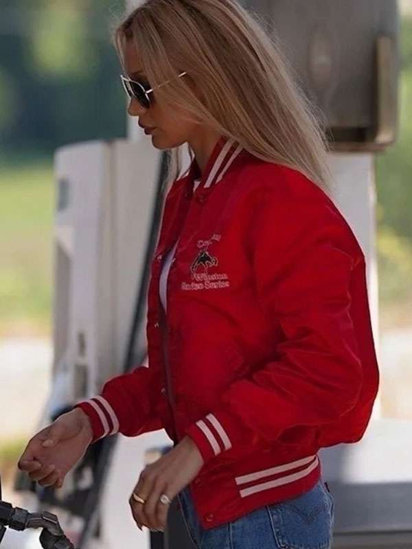 Bella Hadid 2025 Red Varsity Jacket - side view