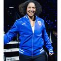 Kara Lawson Duke blue satin bomber jacket