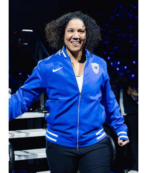 Kara Lawson Duke blue satin bomber jacket