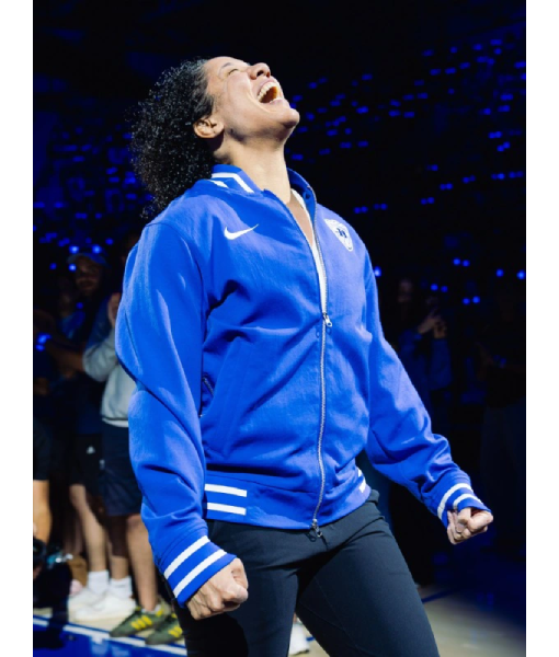 Kara Lawson Duke blue satin bomber jacket