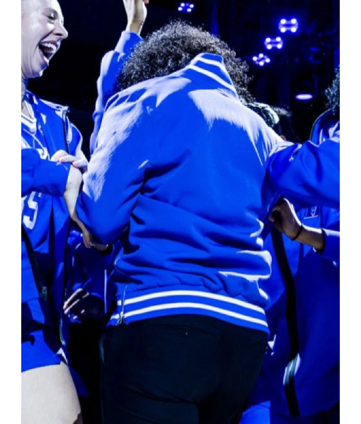 Kara Lawson Duke blue satin bomber jacket
